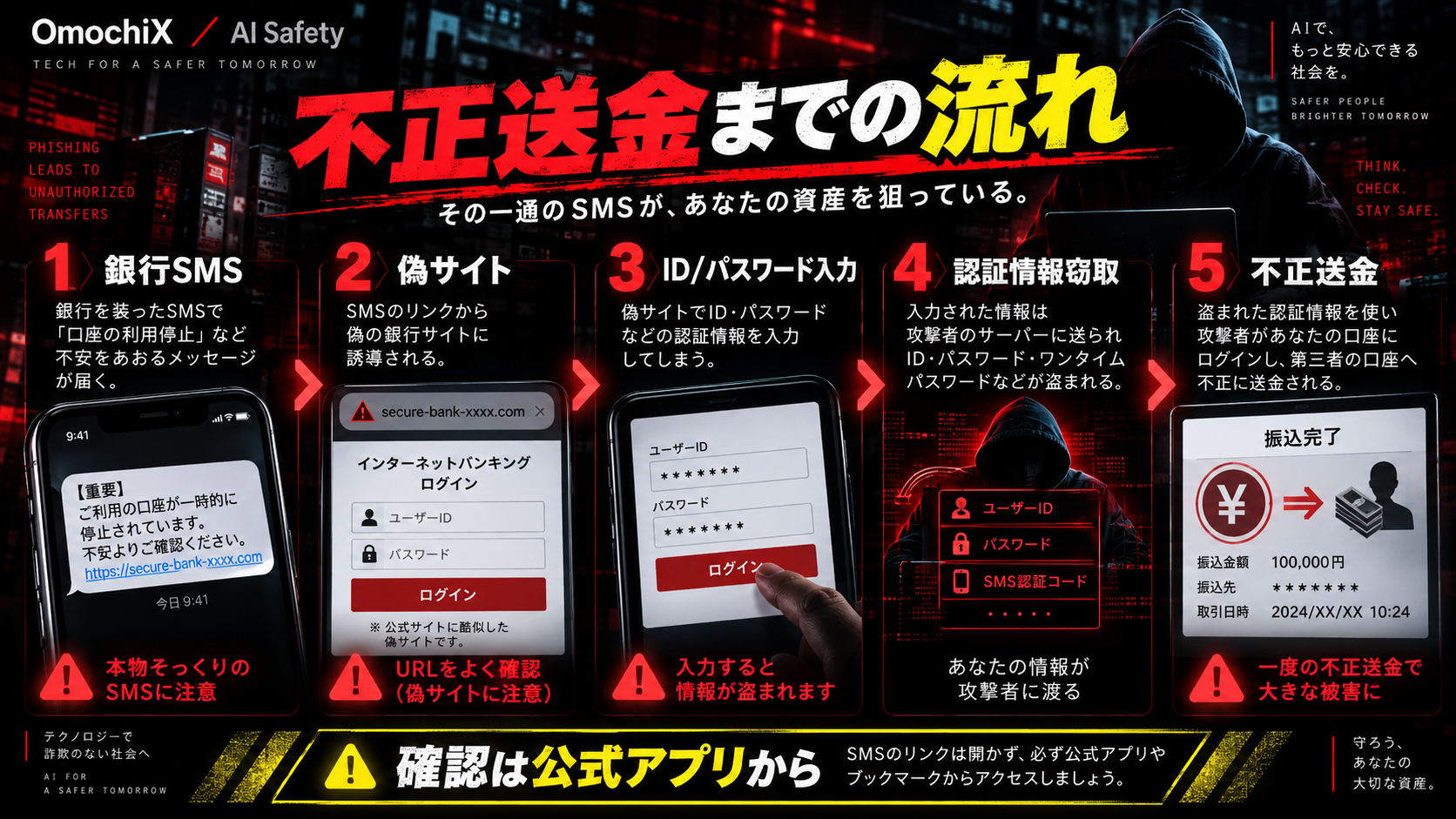 銀行フィッシングSMSから不正送金までの流れ