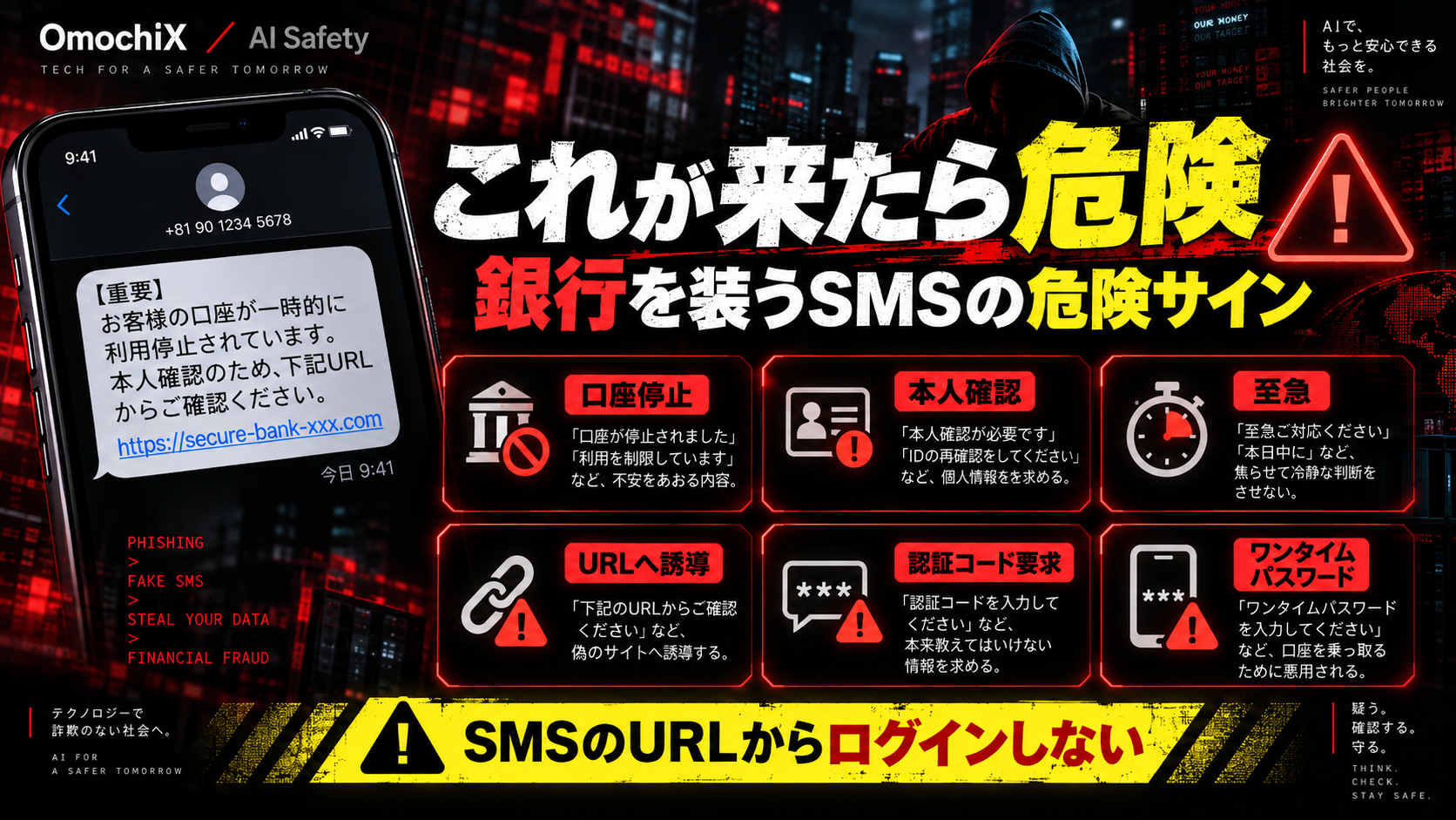銀行を装ったフィッシングSMSの危険サイン