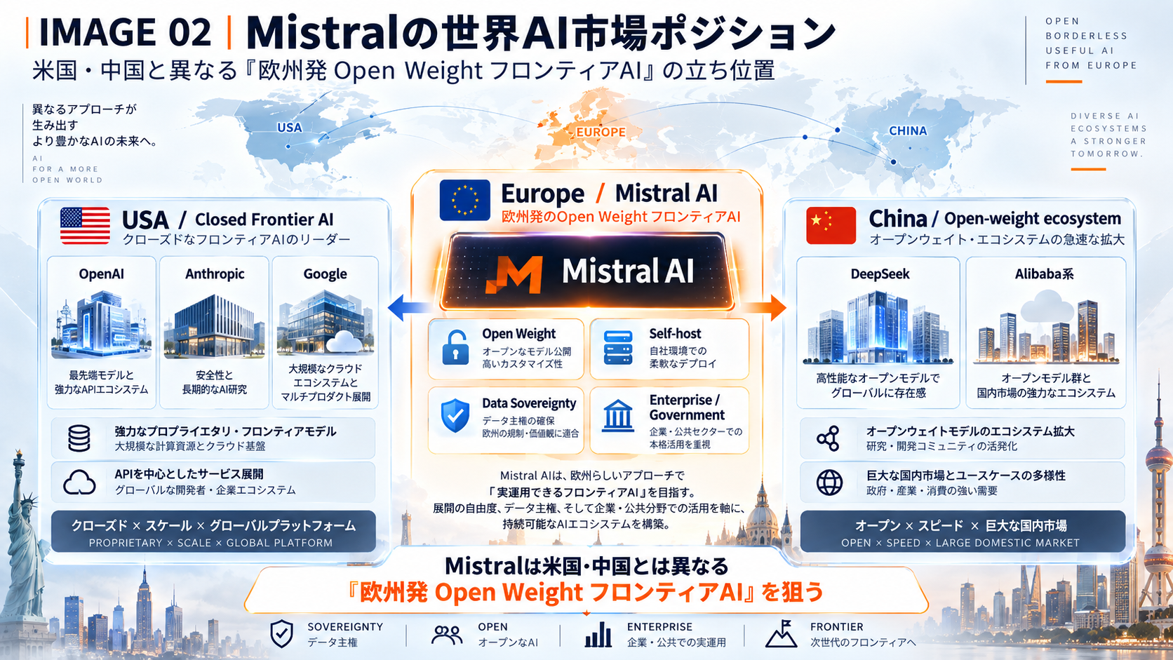 米国の主要クローズドフロンティアAI、中国のopen-weightエコシステムとの違いから、欧州発Mistral AIのOpen Weight、Self-host、Data Sovereignty戦略を整理したOmochiX図解